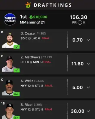 MManning121 $10,000 MLB DFS win screenshot