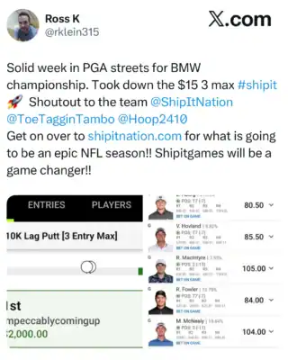 impeccablycomingup $2,000 PGA DFS win screenshot