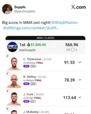 paulsupple $1,000 MMA DFS win screenshot