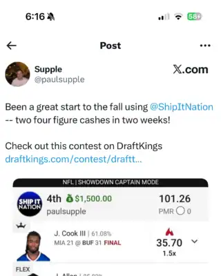 paulsupple $1,500 NFL DFS win screenshot