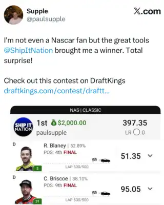 paulsupple $2,000 NASCAR DFS win screenshot