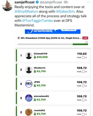 samjeffcoat $3,750 NFL DFS win screenshot