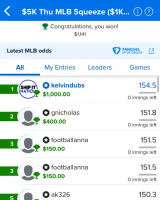 kelvindubs $1,000 MLB DFS win screenshot