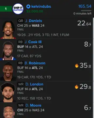 kelvindubs $2,000 NFL DFS win screenshot