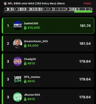 Sadie6395 $10,000 NFL DFS win screenshot