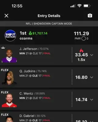 ccorms $1,707.14 NFL DFS win screenshot