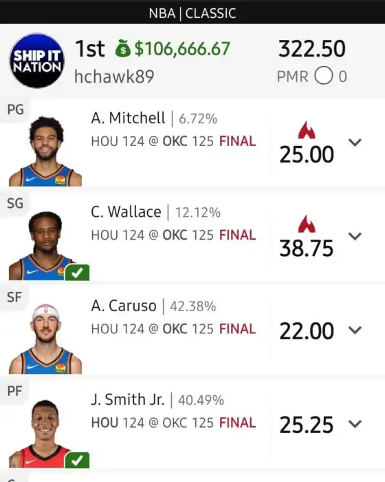 hchawk89 $100,000 NBA DFS win screenshot