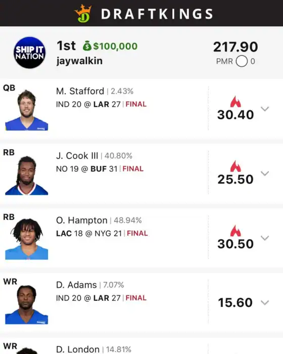 jaywalkin $100,000 NFL DFS win screenshot