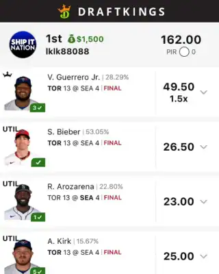 lklk88088 $1,500 MLB DFS win screenshot