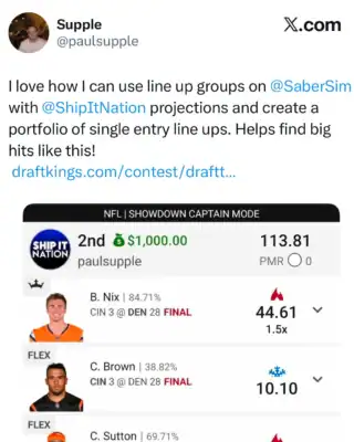 paulsupple $1,000 NFL DFS win screenshot