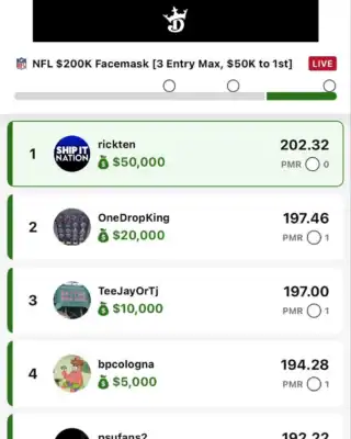 rickten $50,000 NFL DFS win screenshot