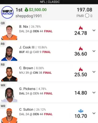 sheppdog1991 $2,500 NFL DFS win screenshot
