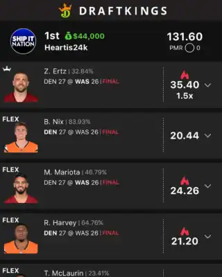 Heartis24k $44,000 NFL DFS win screenshot