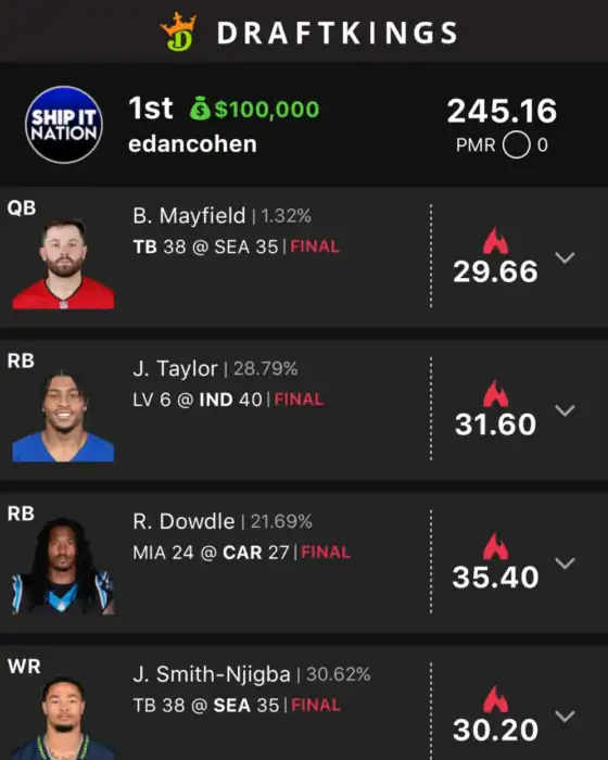 edancohen $100,000 NFL DFS win screenshot