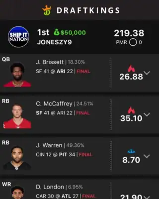JONESZY9 $50,000 NFL DFS win screenshot