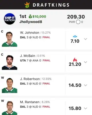Jhollywood8 $10,000 NHL DFS win screenshot