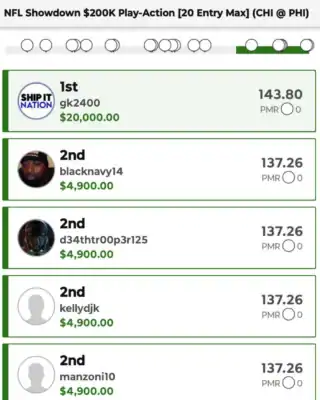 gk2400 $20,000 NFL DFS win screenshot