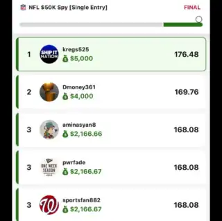 kregs525 $5,000 NFL DFS win screenshot