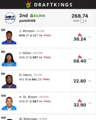 psmith06 $3,000 NFL DFS win screenshot
