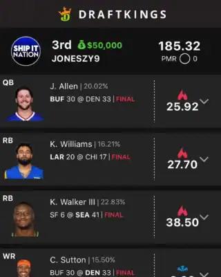 JONESZY9 $50,000 NFL DFS win screenshot