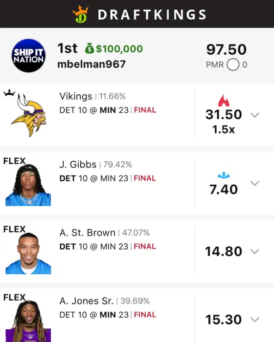 mbelman967 $100,000 NFL DFS win screenshot