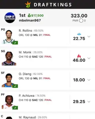 mbelman967 $17,500 NBA DFS win screenshot