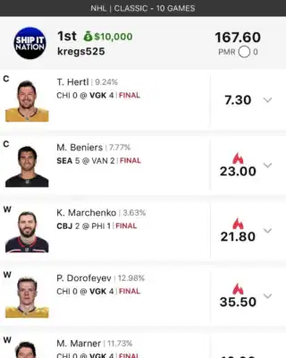 kregs525 $10,000 NHL DFS win screenshot