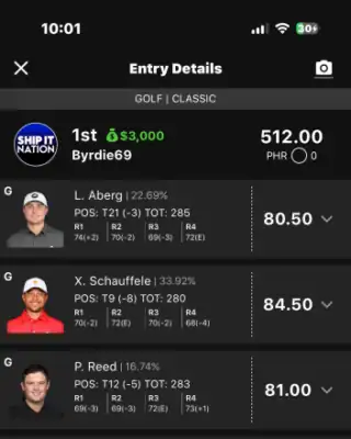 Byrdie69 $3,000 PGA DFS win screenshot