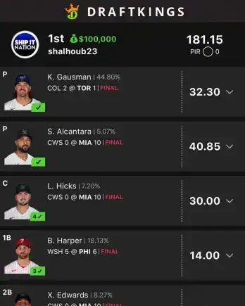 shalhoub23 $100,000 MLB DFS win screenshot