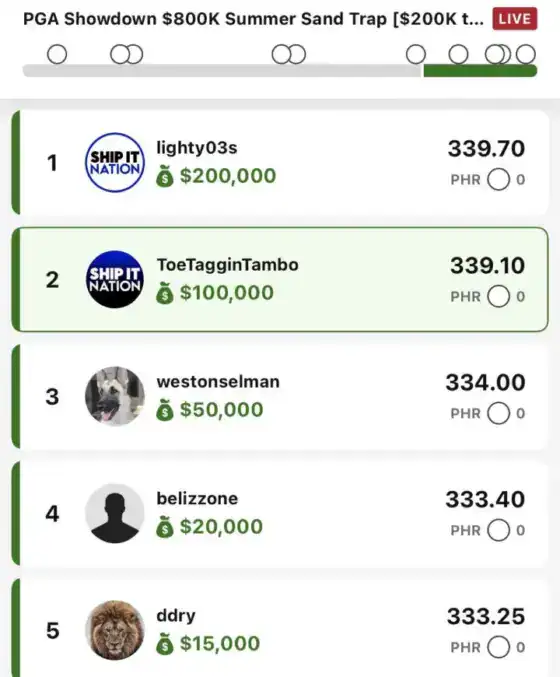 ToeTagginTambo $100,000 PGA DFS win screenshot