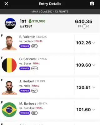 ajs1281 $10,000 MMA DFS win screenshot