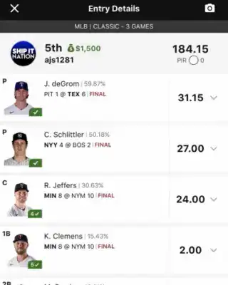 ajs1281 $1,500 MLB DFS win screenshot