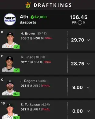 dasports $2,000 MLB DFS win screenshot