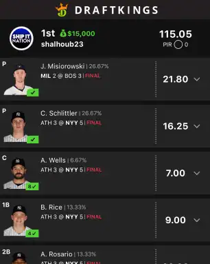 shalhoub23 $15,000 MLB DFS win screenshot