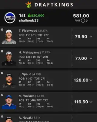 shalhoub23 $20,000 PGA DFS win screenshot