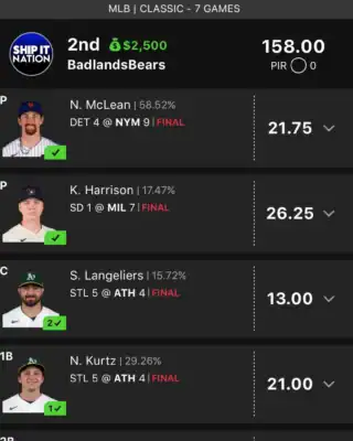 BadlandsBears $2,500 MLB DFS win screenshot