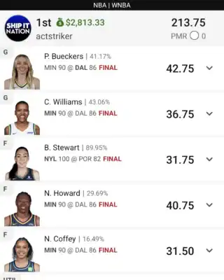 actstriker $2,813.33 WNBA DFS win screenshot