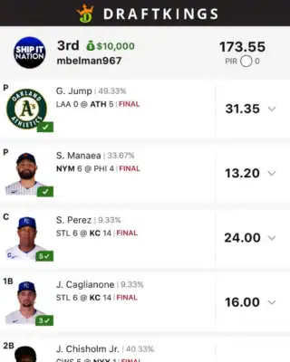 mbelman967 $10,000 MLB DFS win screenshot