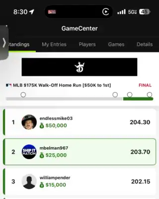 mbelman967 $25,000 MLB DFS win screenshot