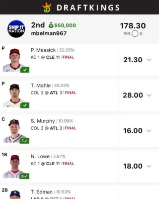 mbelman967 $50,000 MLB DFS win screenshot