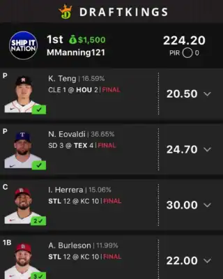 MManning121 $1,500 MLB DFS win screenshot