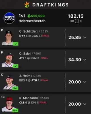 Hebrewcheetah $50,000 MLB DFS win screenshot