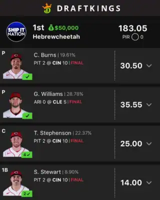 Hebrewcheetah $50,000 MLB DFS win screenshot