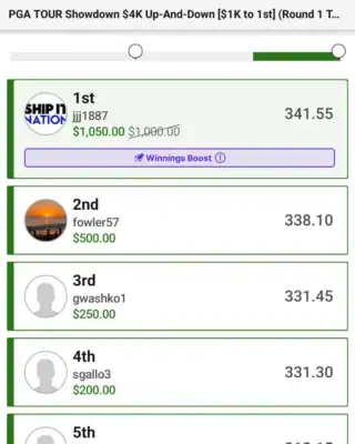 jjj1887 $1,050 PGA DFS win screenshot