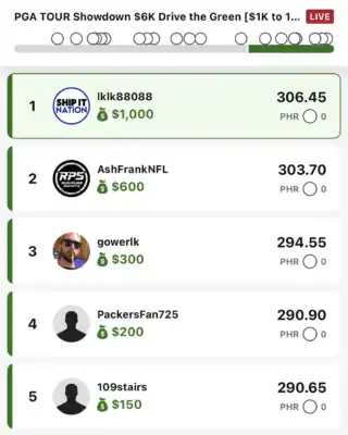 lklk88088 $1,000 PGA DFS win screenshot