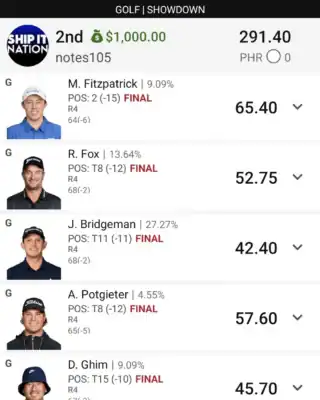 notes105 $1,000 PGA DFS win screenshot