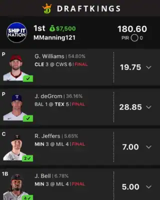 MManning121 $7,500 MLB DFS win screenshot