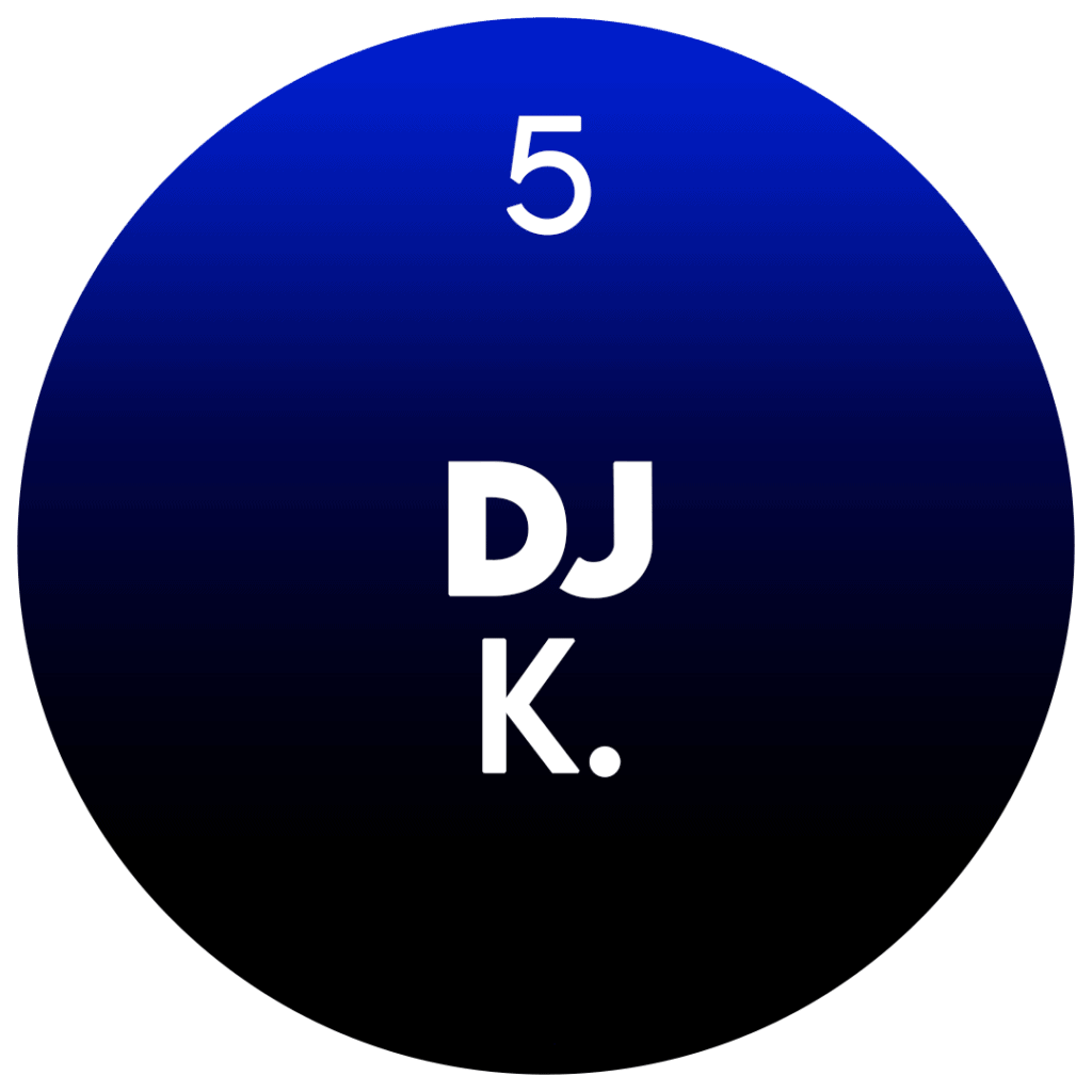 DJ K. logo with number 5 on a blue to black gradient background.