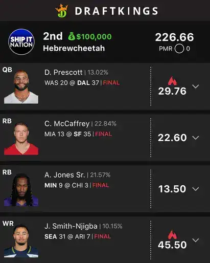hebrewcheetah $100,000 NFL DFS win screenshot