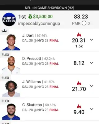 impeccablycomingup $3,500 NFL DFS win screenshot